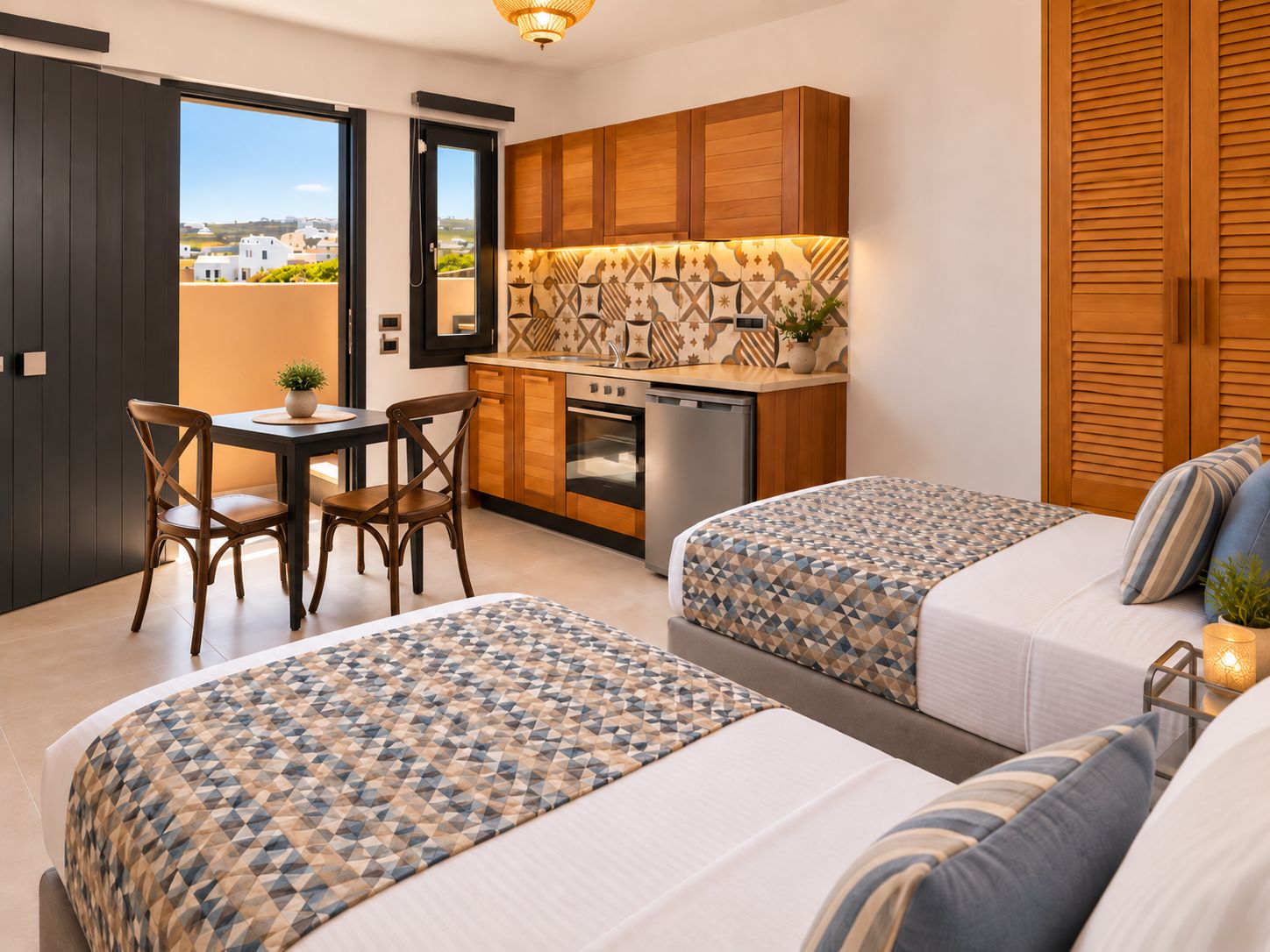 Een moderne hotelkamer met kitchenette, twee bedden met behang, een eethoek met stoelen en uitzicht op de stad door het raam.