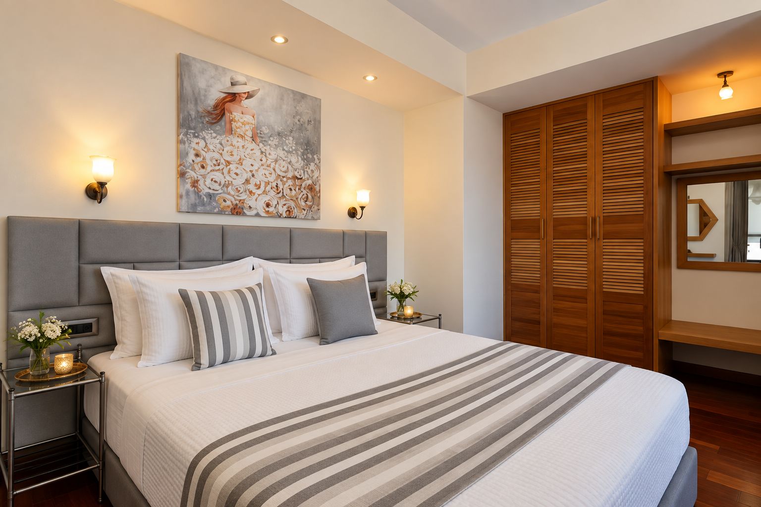 A modern bedroom with a large bed, a grey upholstered headboard, bedside lamps, and a wooden wardrobe.