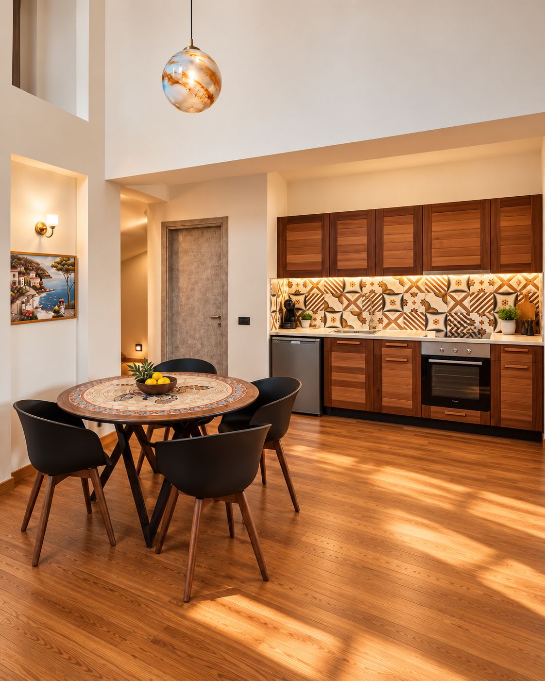 Cocina moderna con armarios de madera, un salpicadero estampado y un comedor con una mesa redonda y sillas.