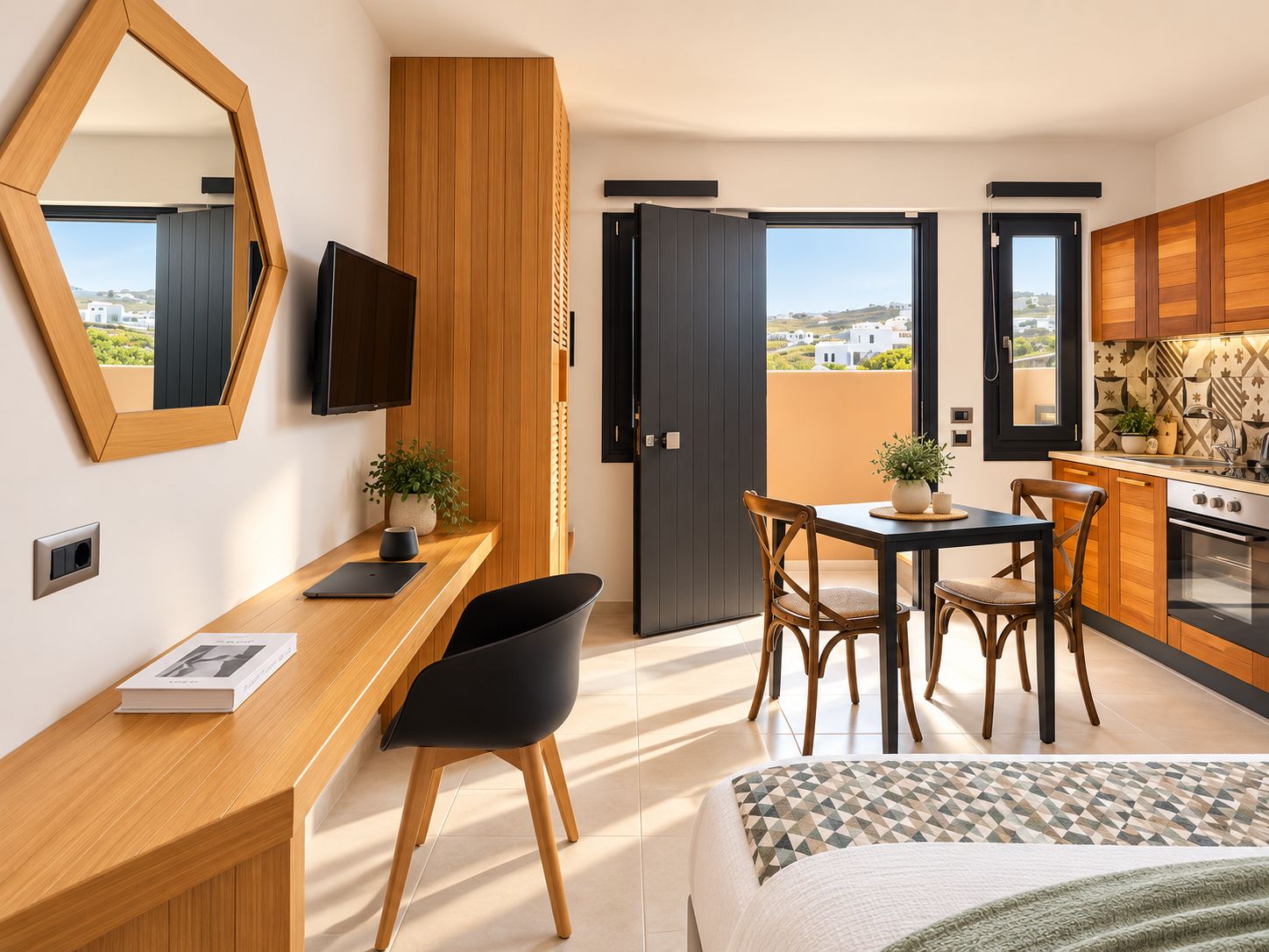 A modern room with a wooden desk, a bed, a dining area, and a kitchen.