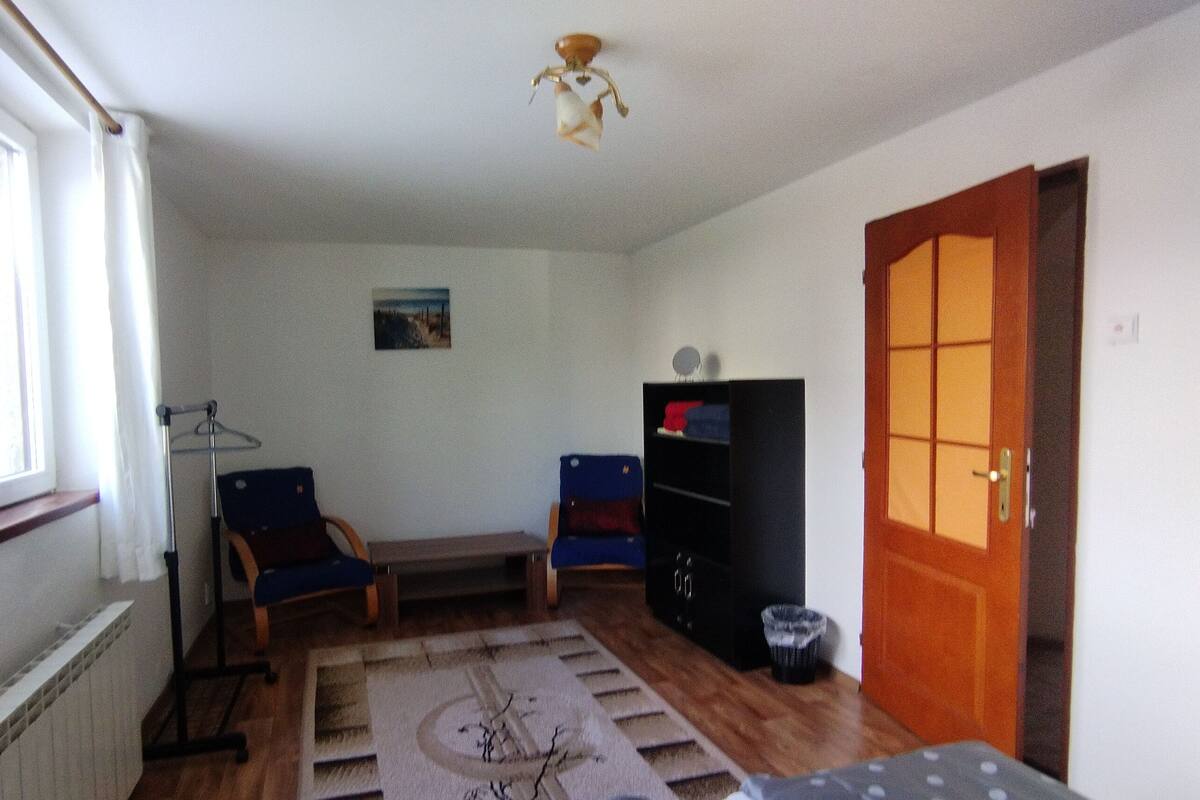 A room with a radiator, two chairs, a wooden door, and a window.