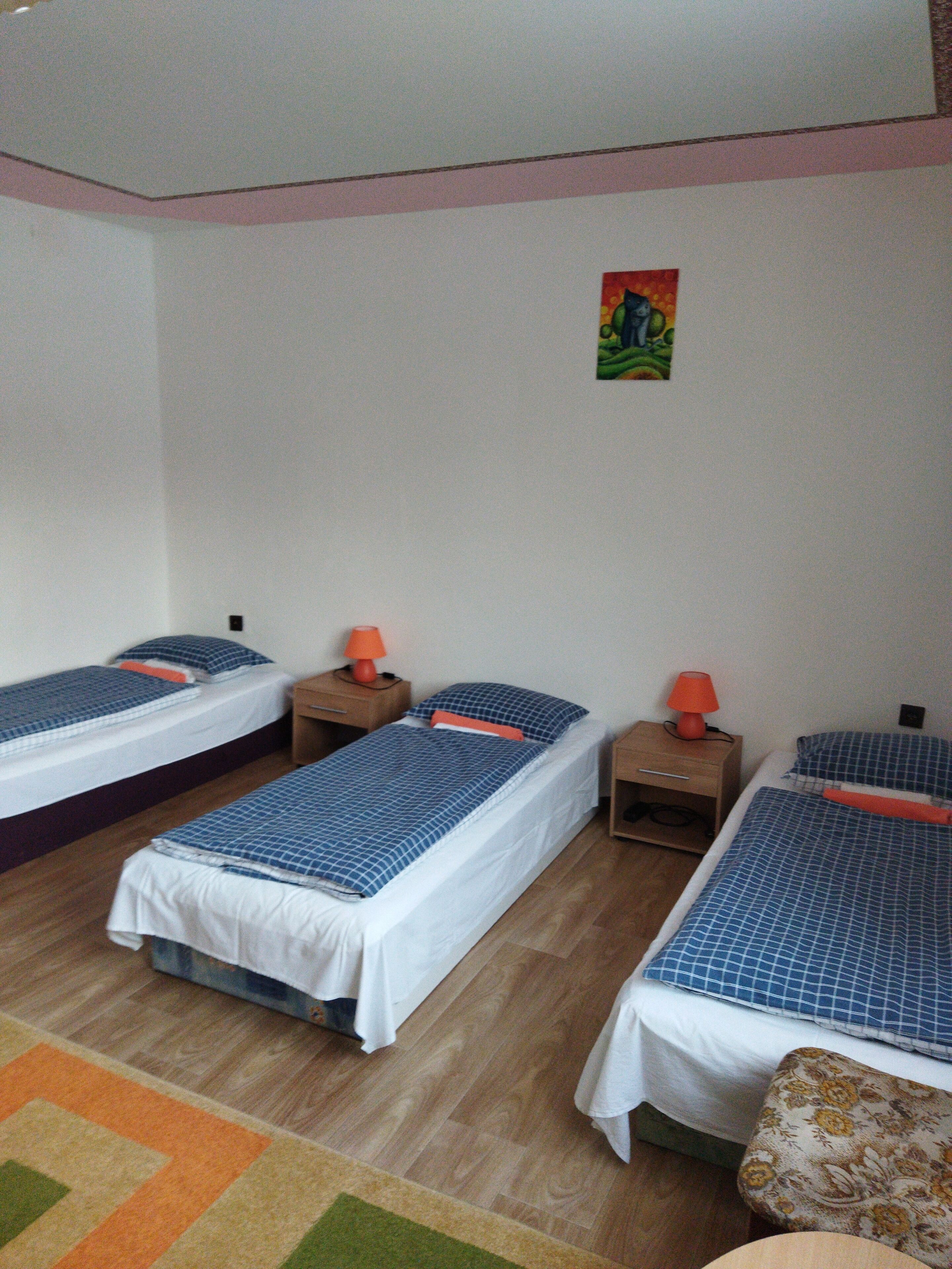 Una habitació amb tres llits individuals, cadascun amb un llençol i coixins blaus i blancs a quadres. Hi ha tauletes de nit de fusta amb làmpades taronges, i un quadre colorit a la paret. L'habitació té un paviment de fusta i una catifa petita amb un disseny geomètric.