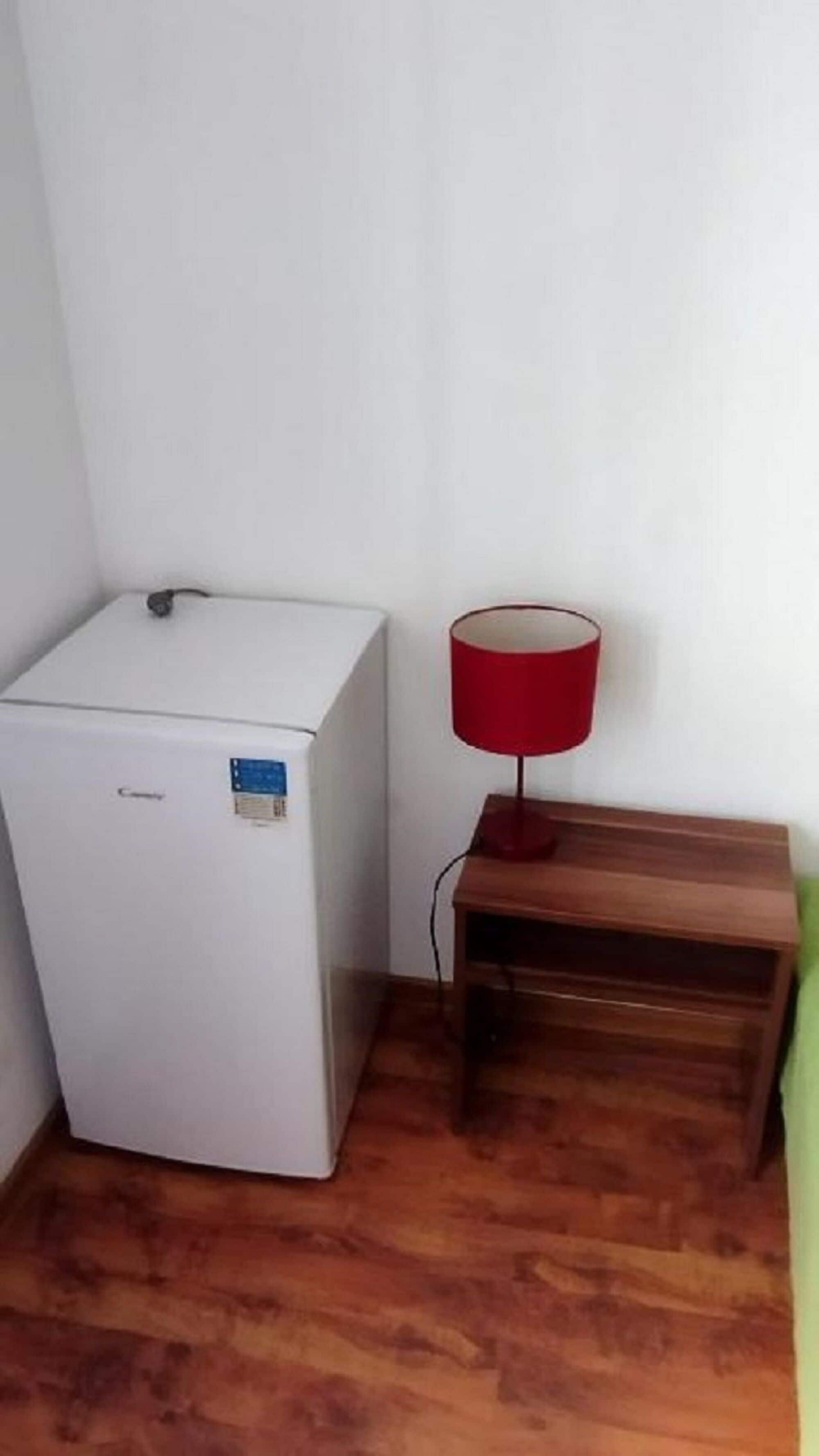 Een compacte koelkast, een klein houten nachtkastje met een rode lamp en een groene muur.