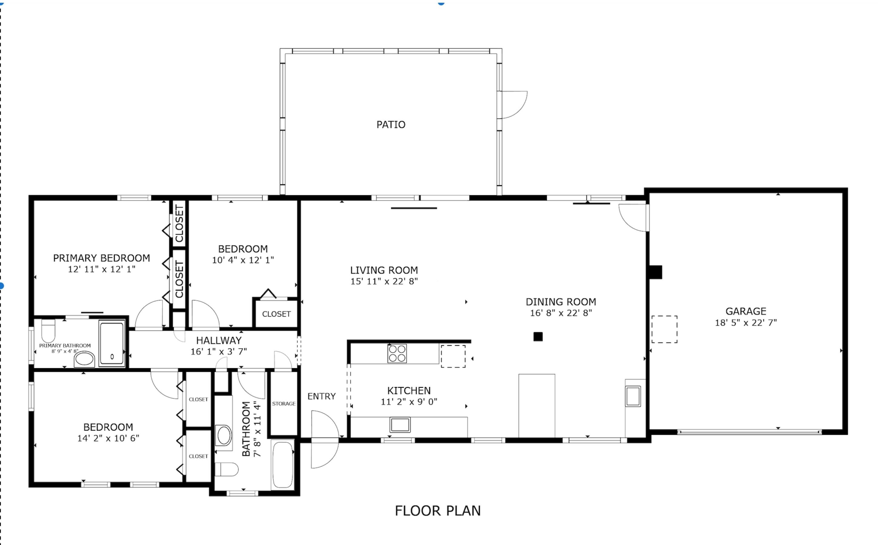 Un plan d’étage comprenant une chambre principale, une chambre d’appoint, un salon, une salle à manger, une cuisine, une salle de bain et un garage.