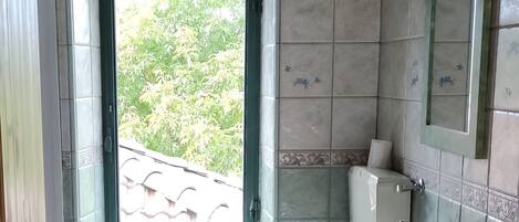 A bathroom with a window, a toilet, a sink, and a mirror.