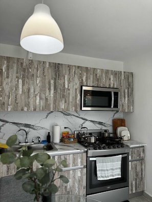 Frigorífico, microondas, horno y placa de cocina