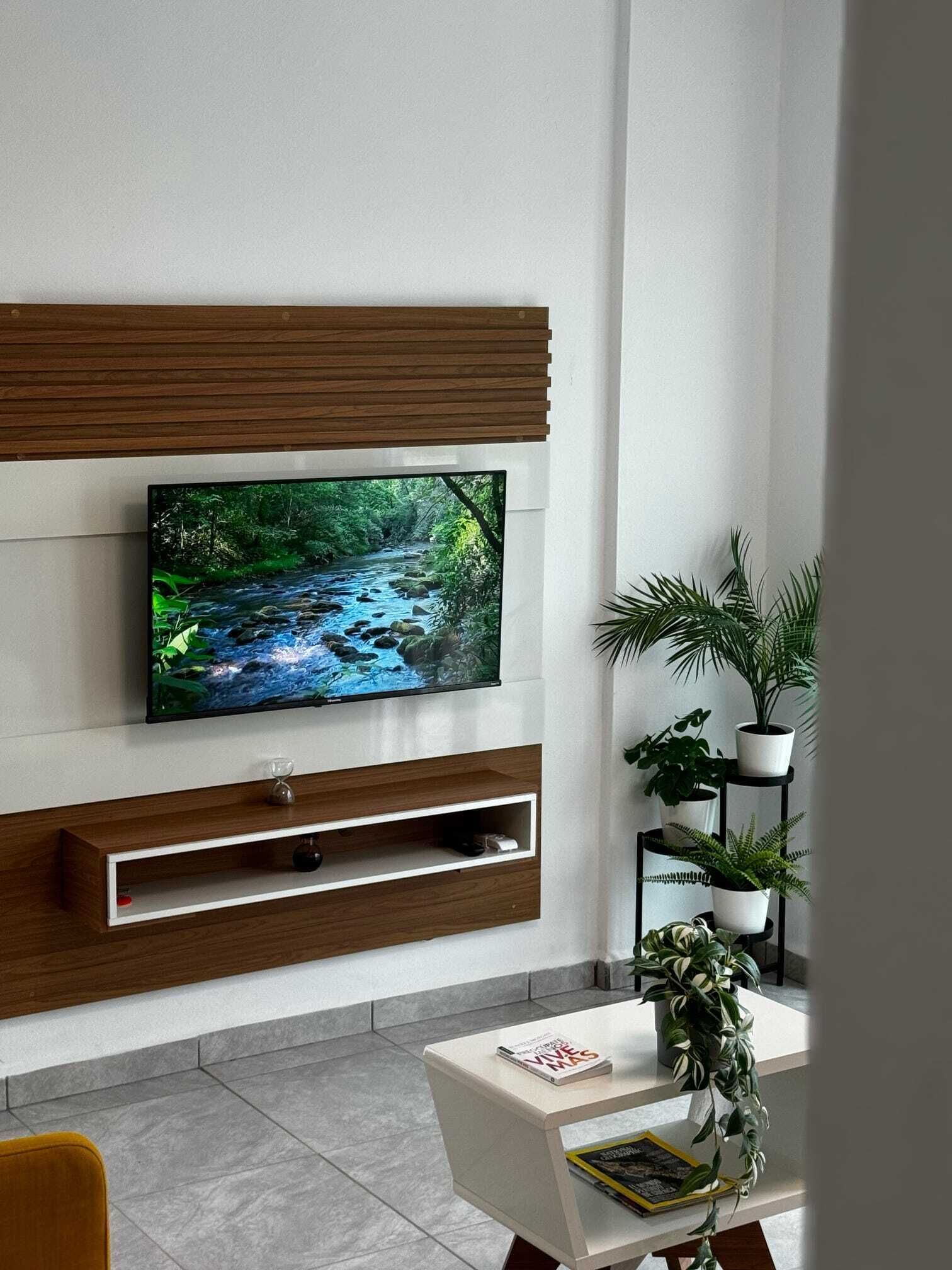 A modern living room with a flat-screen TV mounted on a wooden panel wall, a white coffee table with magazines, and a potted plant on a black stand.