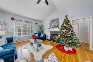 Smart-tv, pejs, bordtennisbord, bøger