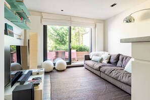 Una Smart TV, una chimenea, un reproductor de DVD, libros