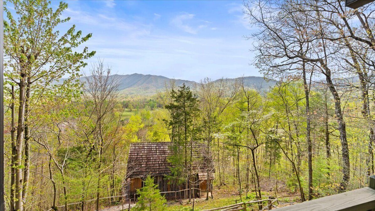A rustic cabin surrounded by a forest with a mountain backdrop.