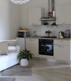 Comfort appartement | Privékeuken | Een koelkast, een microgolfoven, een oven, een kookplaat
