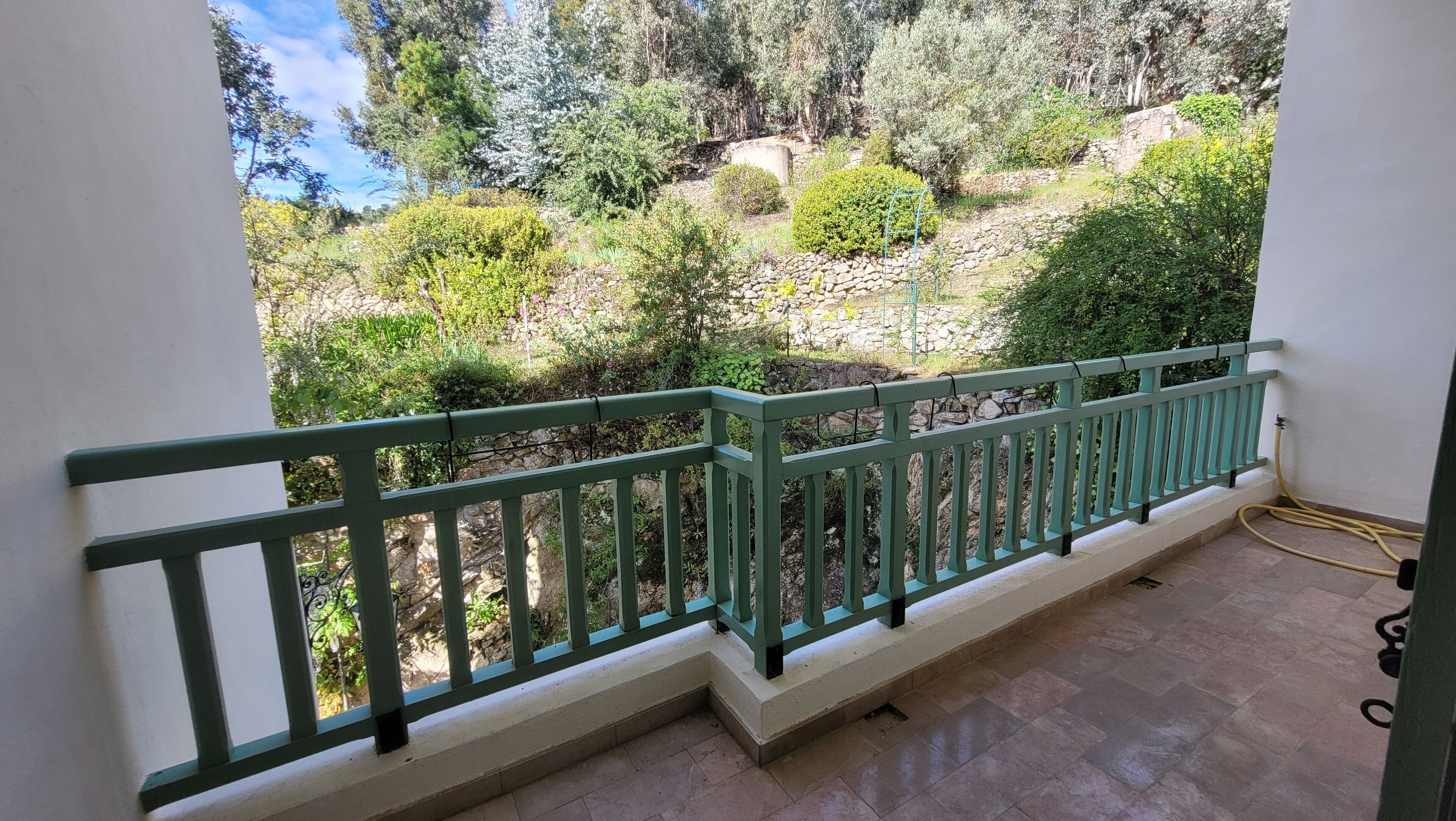 A balcony with a green railing overlooking a garden with various shrubs and trees.