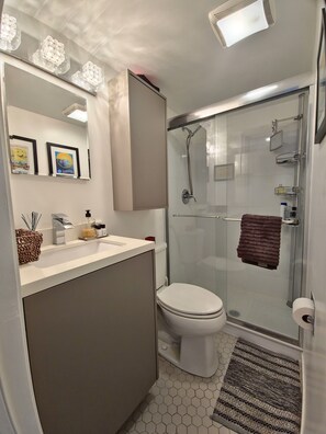 Dusche, Haartrockner, Handtücher, Seife