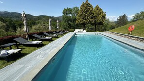 A rectangular swimming pool with clear blue water, surrounded by lounge chairs and umbrellas, set against a backdrop of green hills and trees.