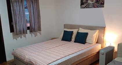 In a quiet part of the city, with a free parking space and a private terrace.