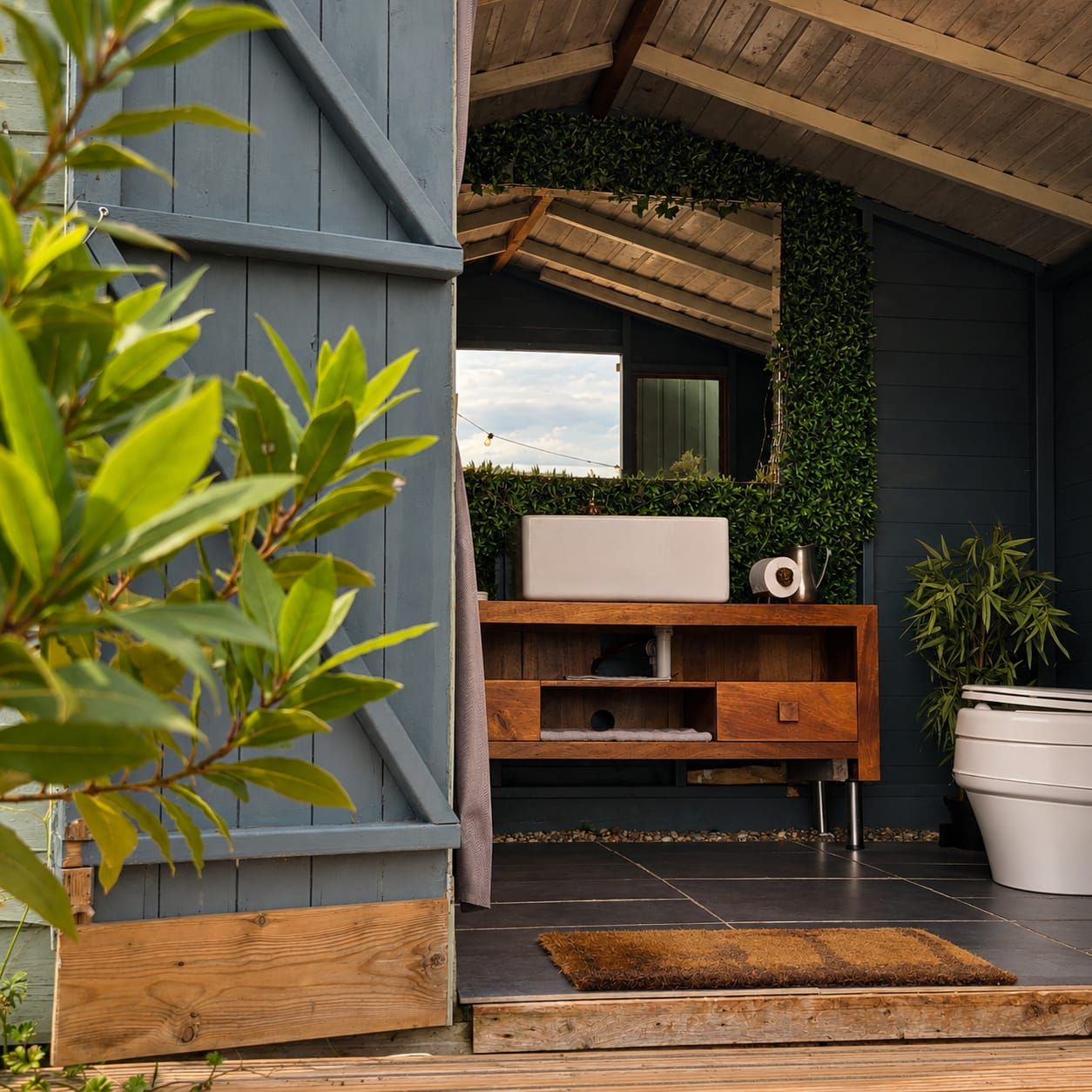 A modern outdoor bathroom with a built-in sink, wooden vanity, and a green vertical garden.
