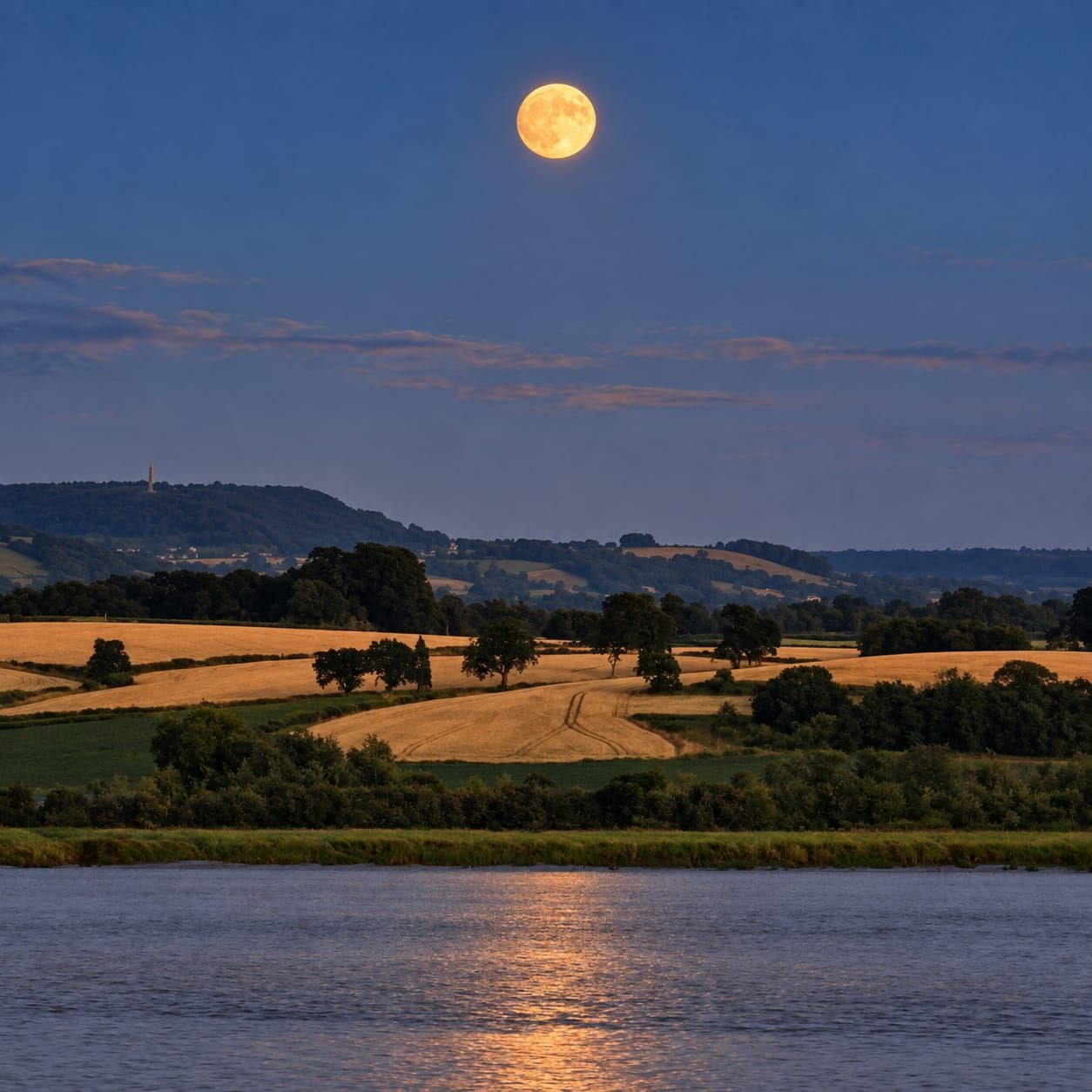 A landscape with a body of water reflecting the moon, rolling hills, and a distant tower.