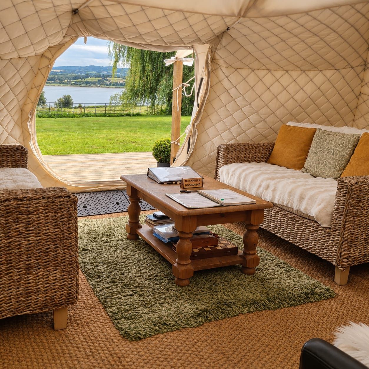 Un hébergement confortable en forme de tente, avec un canapé en osier, une table en bois et une vue sur un lac.