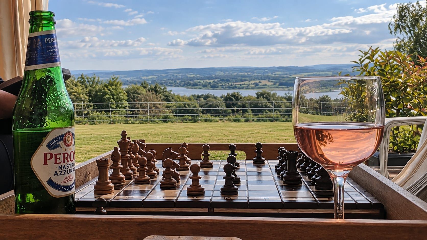 A chessboard with pieces, a bottle of Peroni beer, and a glass of wine on a table with a scenic view.