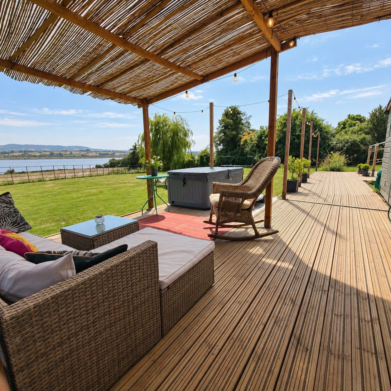 A wooden deck with outdoor furniture, a hot tub, and a view of a lake.