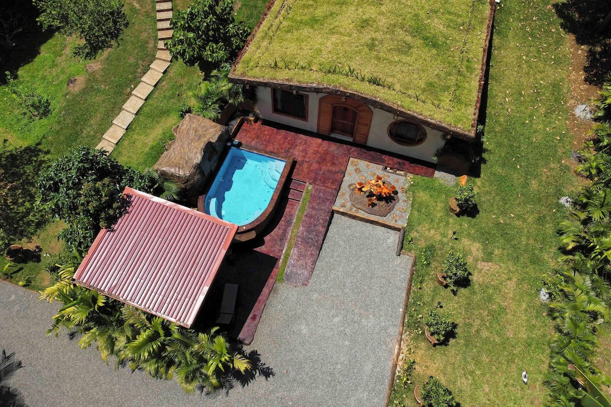 Una casa con techo verde, piscina y zona de patio.
