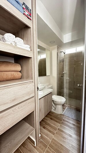 Shower, hair dryer, towels, toilet paper