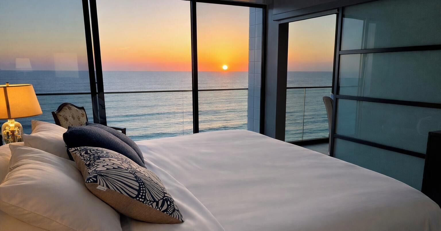A bedroom with a large window overlooking the sea at sunset, a bed with pillows, and a nightstand with a lamp.