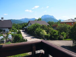 A residential area with houses, a paved road, and a mountain in the background.