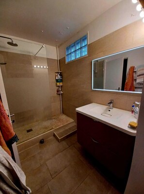 Shower, hair dryer, towels, soap