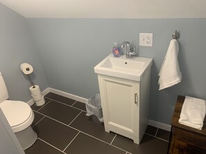 Hair dryer, towels, soap, shampoo