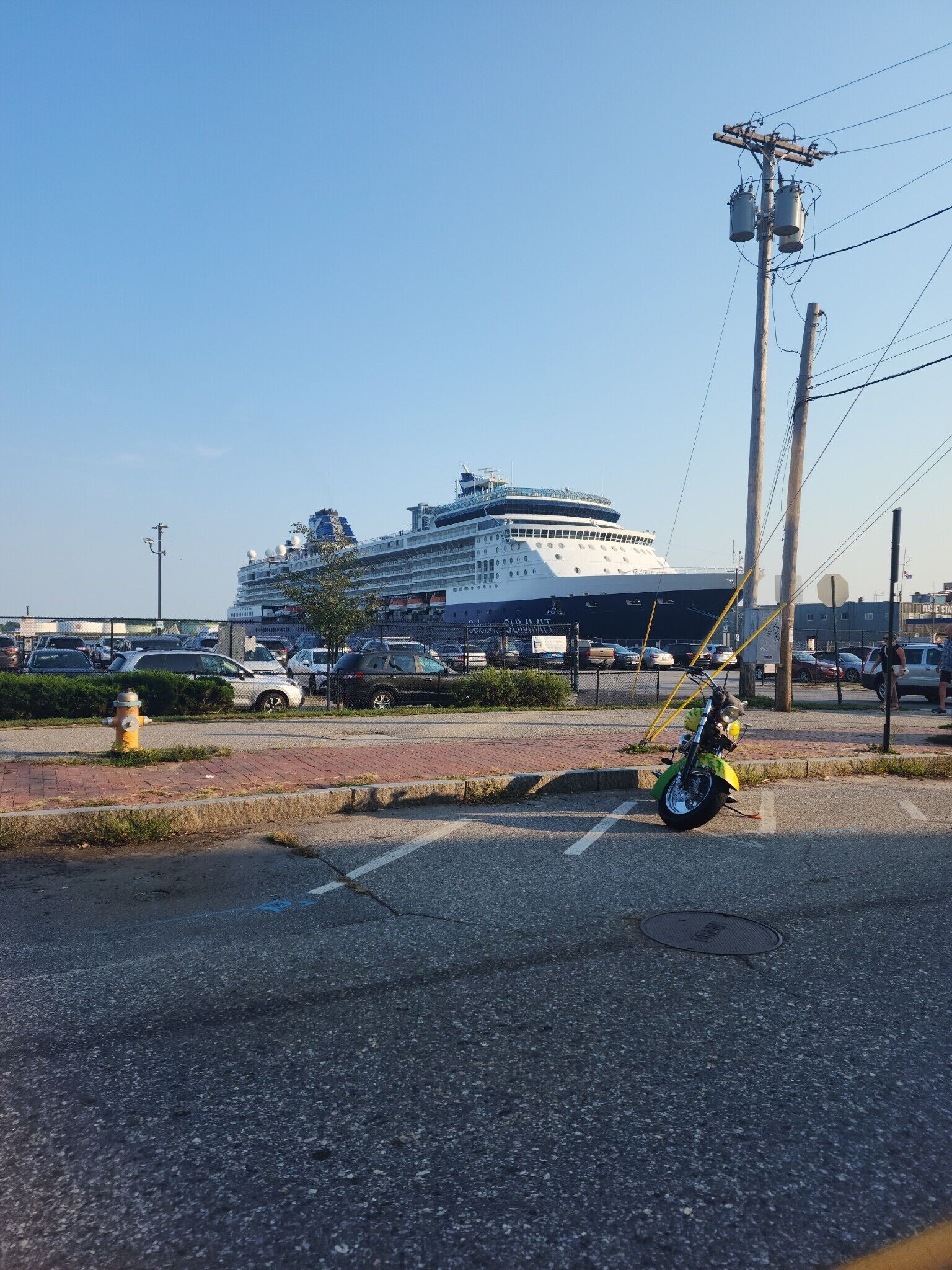A large cruise ship docked at a port with a paved road in the foreground.