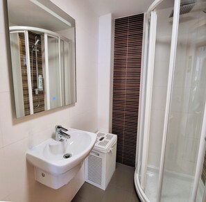 Shower, jetted bath, hair dryer, bidet