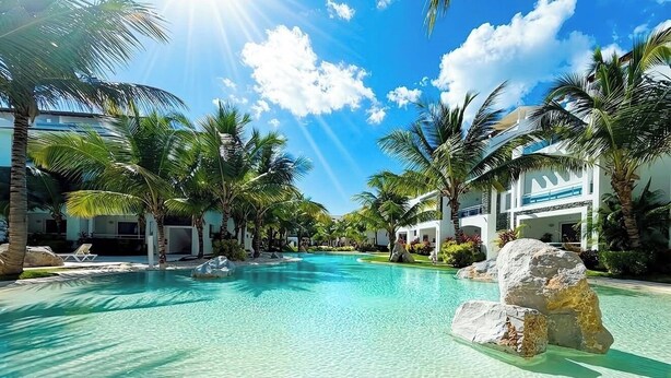 Ein Hotelpool mit klarem Wasser, umgeben von Palmen und einem Gebäude mit blau-weißer Fassade.