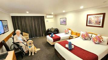 Quarto de hotel com duas camas, uma cadeira de rodas, um cão e uma televisão.