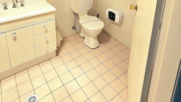 A bathroom with a white sink, toilet, and hand dryer.