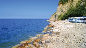 A rocky beach with clear blue water, a cliff, and a row of beach umbrellas. - Pet friendly apartment in Terre Roveresche (Terre Roveresche)