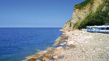 A rocky beach with clear blue water, a cliff, and a row of beach umbrellas.