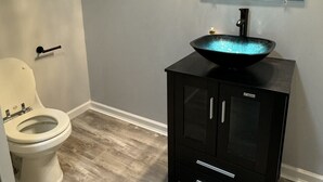 A bathroom with a toilet, a black vanity with a sink, and a mirror above the vanity. - Peaceful one bedroom in university district (Buffalo)