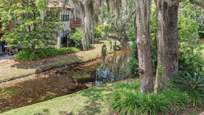 A residential area with a small stream, trees with Spanish moss, and a house with a deck. - Updated Condo, Steps to Tennis + Pickleball Courts, Beach and Village, w/ a Pool (St. Simons Island)