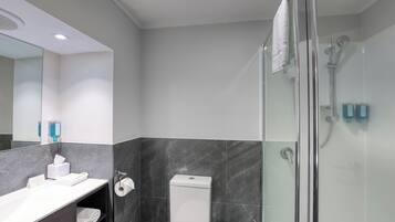Shower, free toiletries, hair dryer, towels