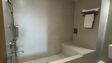 A modern bathroom with a walk-in shower, a bathtub, and a toilet.