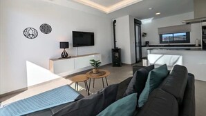 Un salon moderne comprenant un canapé, un téléviseur, une cheminée et un coin cuisine.