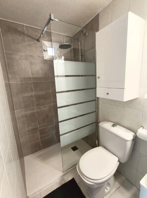 A bathroom with a shower, toilet, and a cabinet.