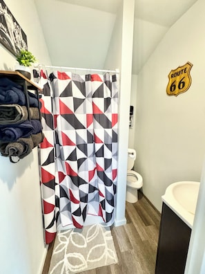 Secadora de cabello, toallas, shampoo, papel de baño 