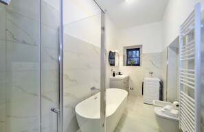 Shower, hair dryer, towels