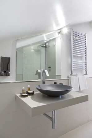 Shower, hair dryer, bidet, towels