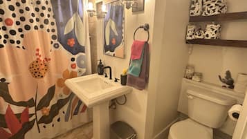 Hair dryer, towels, soap, toilet paper