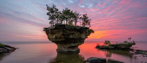 A rock formation with trees on top, surrounded by calm water and a sunset sky.