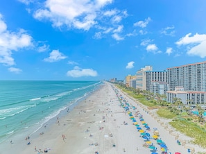 A beach with a long stretch of umbrellas and beachgoers, adjacent to high-rise buildings.