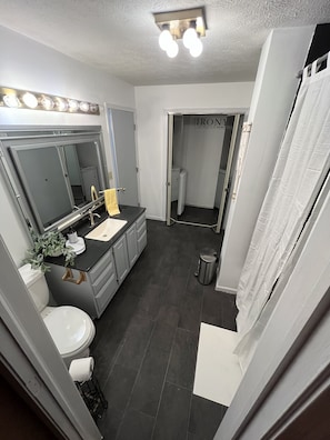 Hair dryer, towels, soap, shampoo